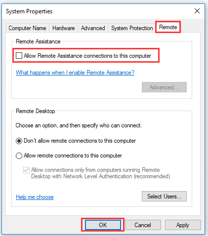 uncheck Allow Remote Assistance