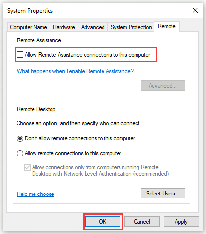 disable remote assistance on the system properties page