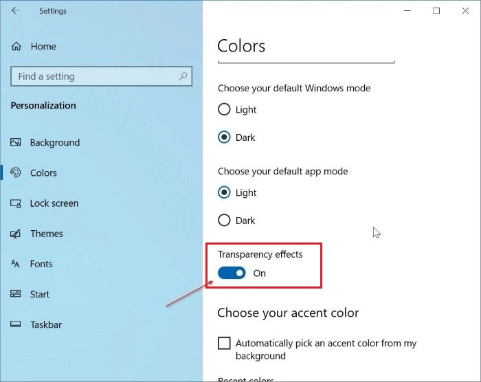 turn off Transparency effects