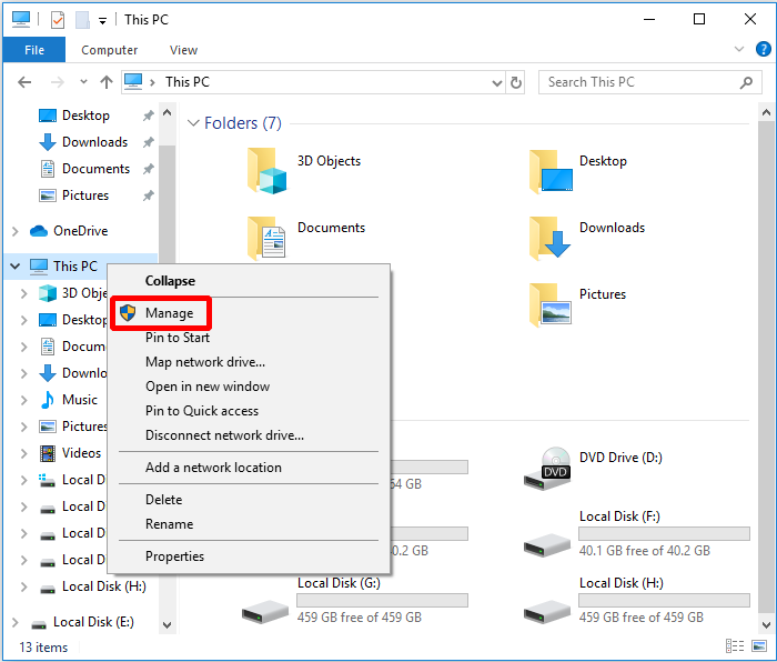 right click This PC and choose Manage