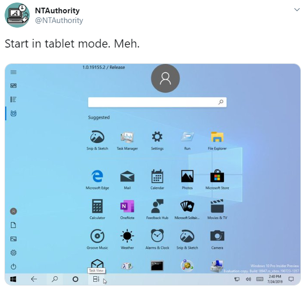 the Start menu in tablet mode