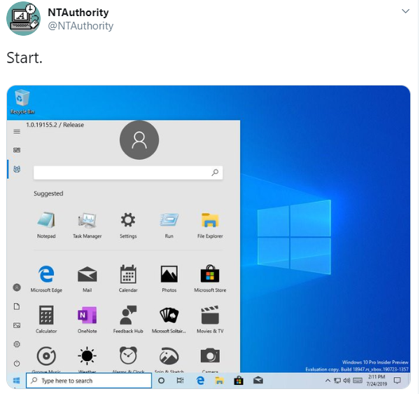 the new Start menu looks in desktop mode