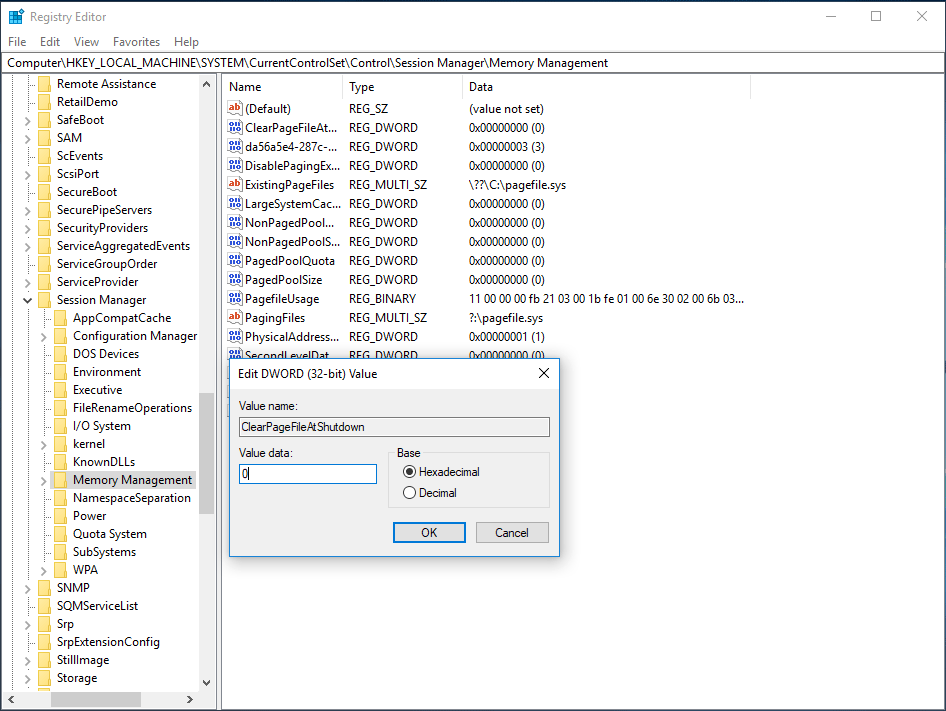 disable page file at shutdown