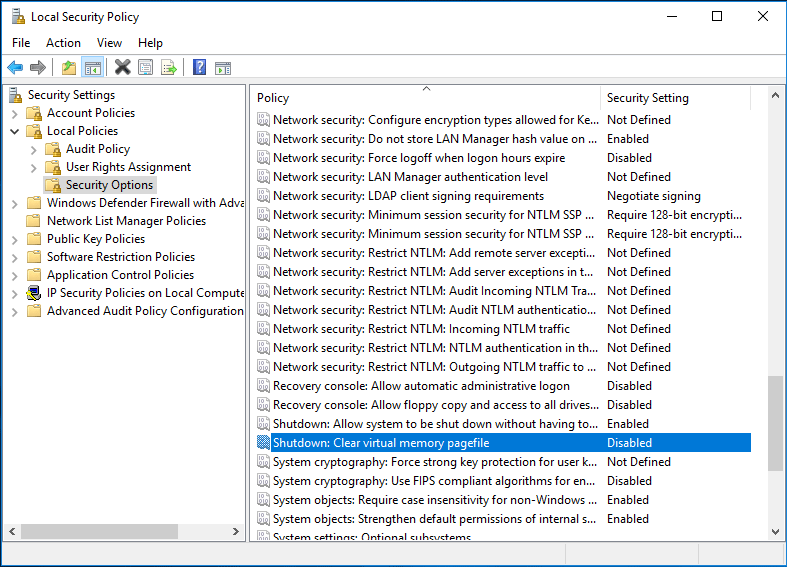 dsiable clear virtual memory pagefile