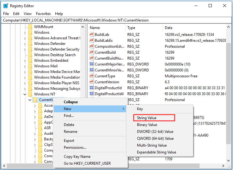 choose String Value to continue