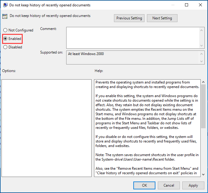 do not keep history of recently opened documents