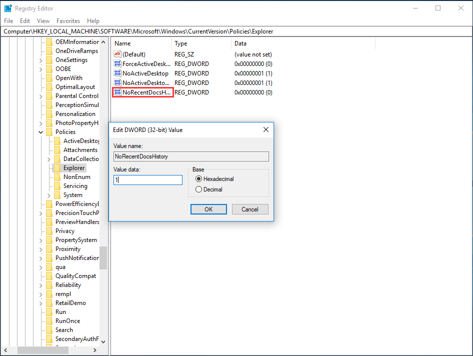 change NoRecentDocsHistory to 1
