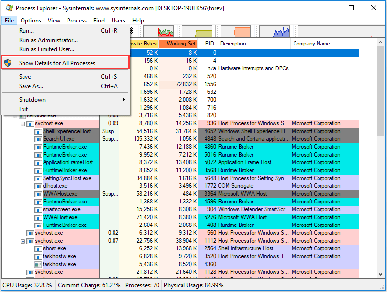 choose Show detailed for all processes 
