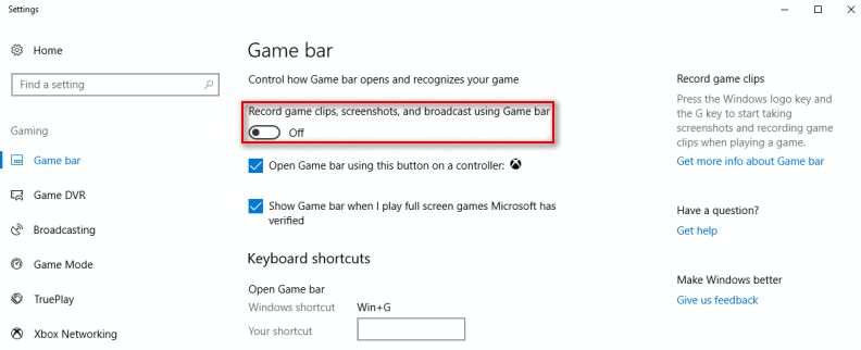 disable Game bar via Setthings