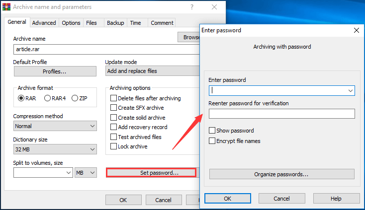password protect folder Windows 10 using WinRAR