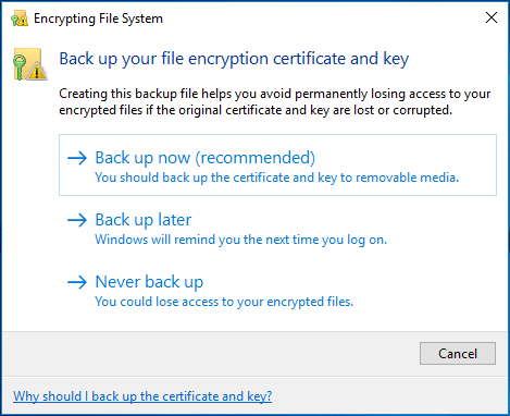 back up file encryption certificate and key