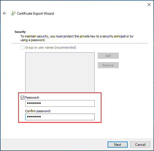 type password in certificate export wizard