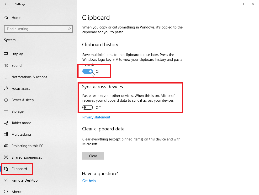 open Clipboard history or enable Sync across devices