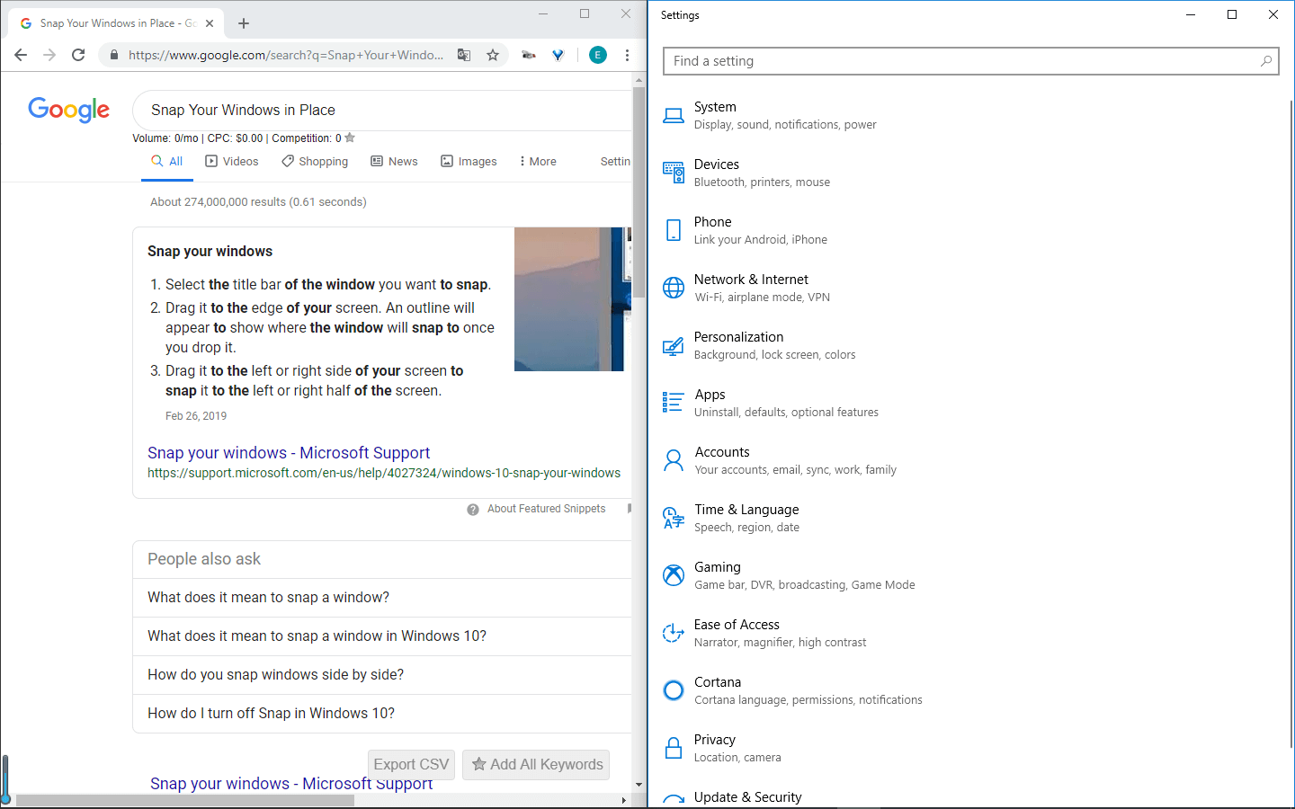 snap windows in place