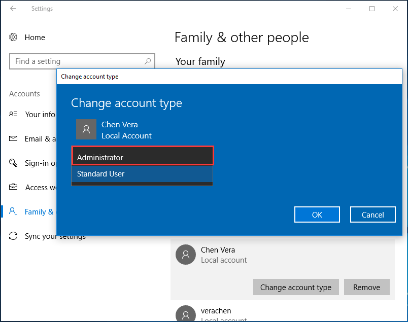 change account type in Windows 10