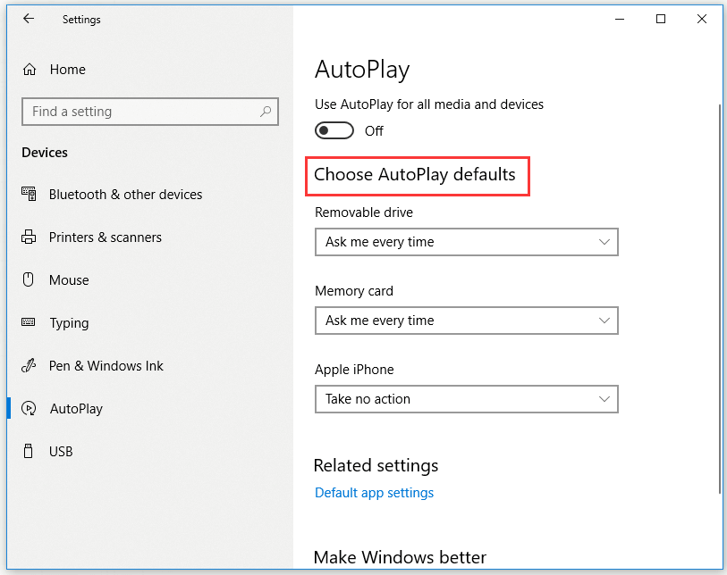 select a new AutoPlay default action 