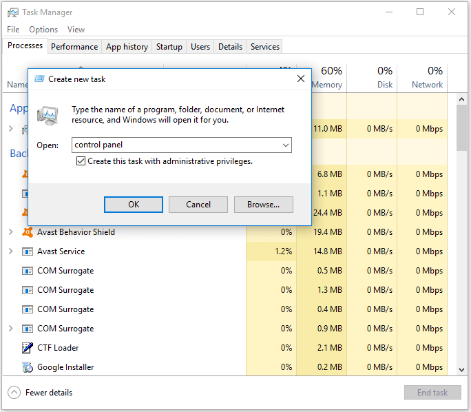 open Control Panel with Task Manager