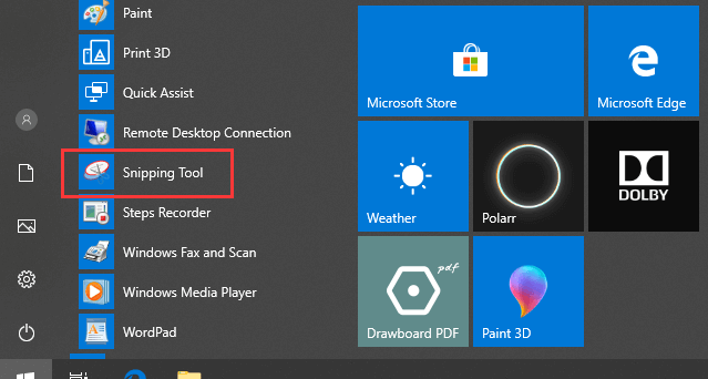 open Snipping Tool Windows 10 from Start