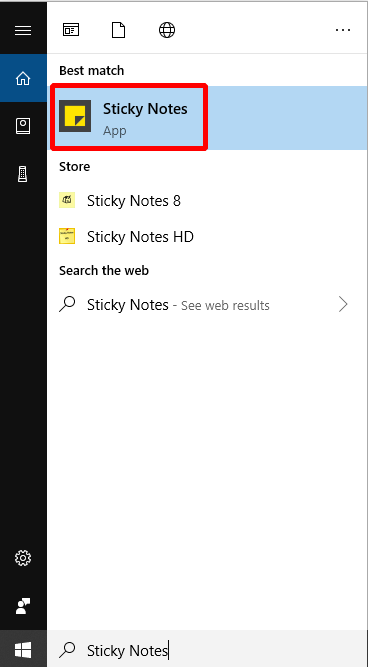 type Sticky Notes to open Sticky Notes