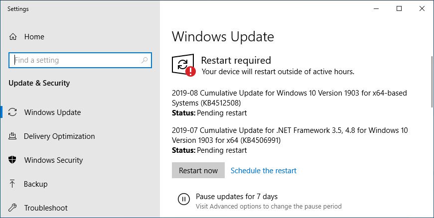 cannot install the latest cumulative update KB4512508 for Windows 10 version 1903