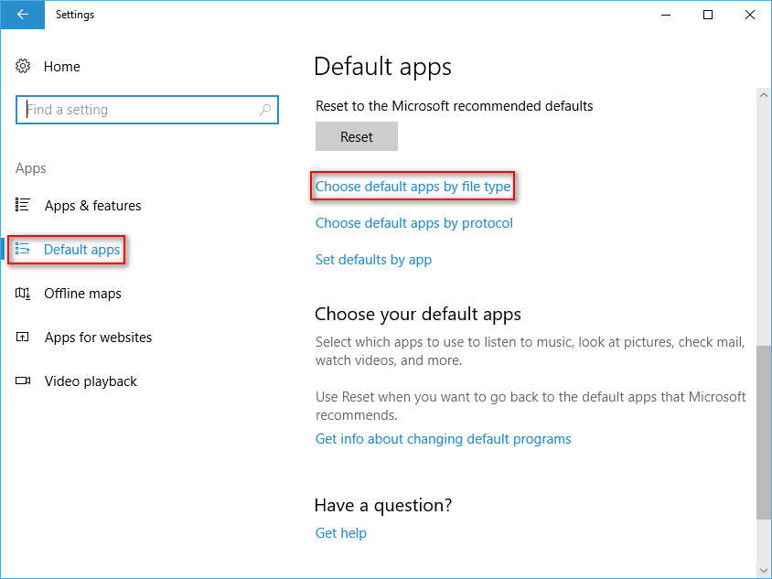 Choose default apps by file type