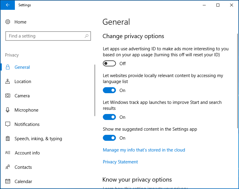 change Windows 10 privacy settings