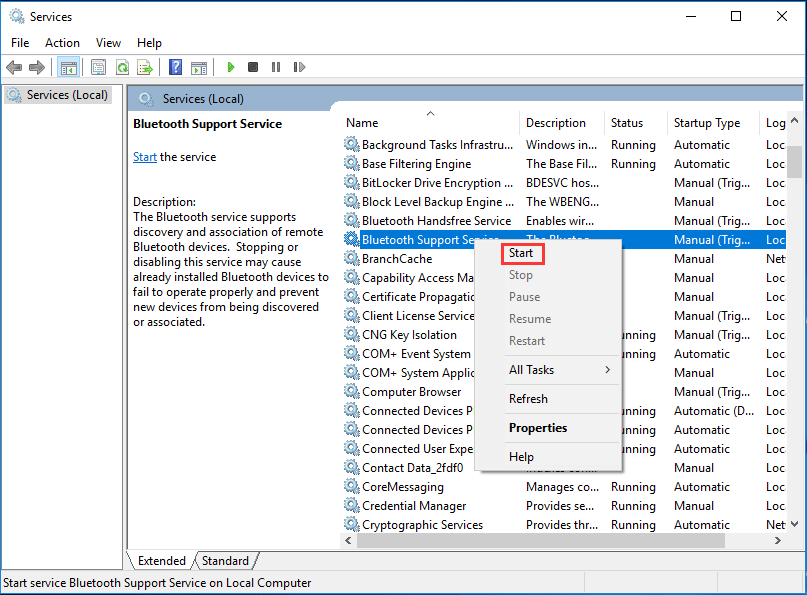start Bluetooth Support Service