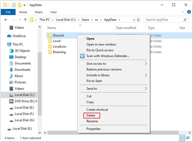 delete Discord folder in AppData folder 