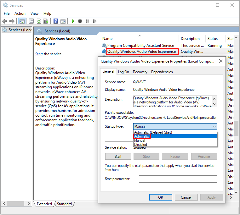 set the startup type of the Quality Windows Audio Video Experience service to Automatic