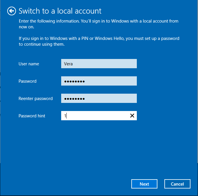 switch to a local account