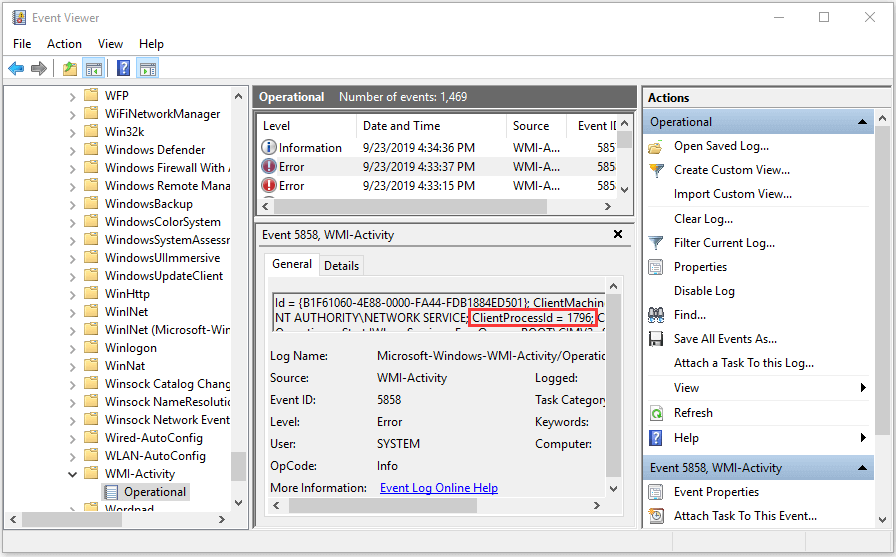 use Event Viewer to check error processes