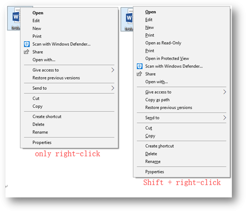 use the Shift key to extend context menu