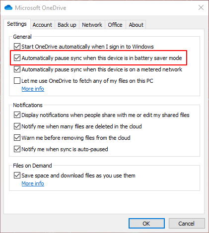uncheck the Automatically pause sync when this device in battery saver mode option