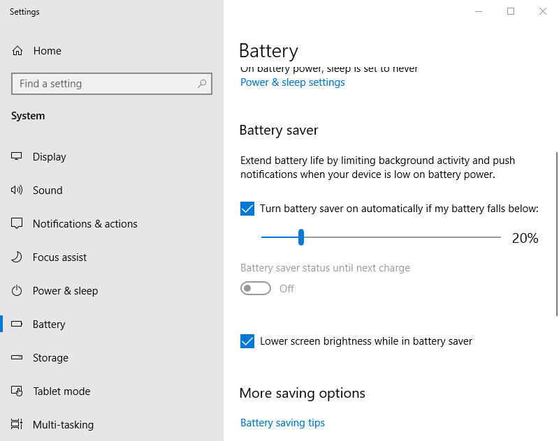 uncheck Turn battery saver on automatically if my battery falls below
