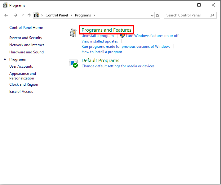 choose Programs and Features