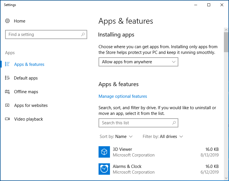 Windows 10 app and features