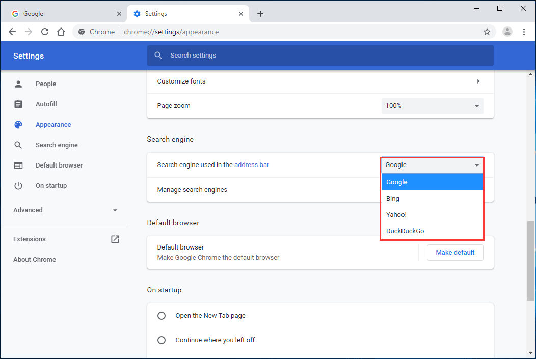 Search engine used in the address bar