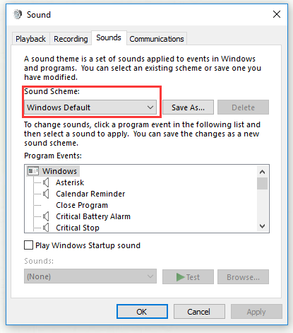 change the Sound Scheme to Windows Default