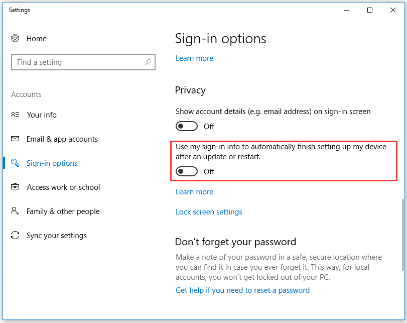 disable the Use my sign-in info to automatically finish setting up my device after an update or restart option