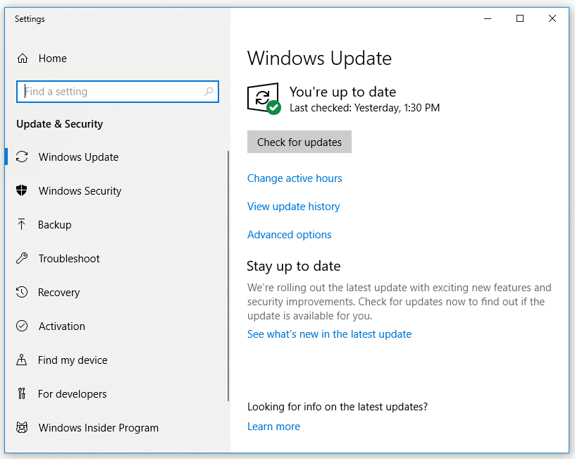 open the Windows Update screen 