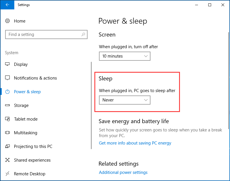 stop computer from sleeping Windows 10