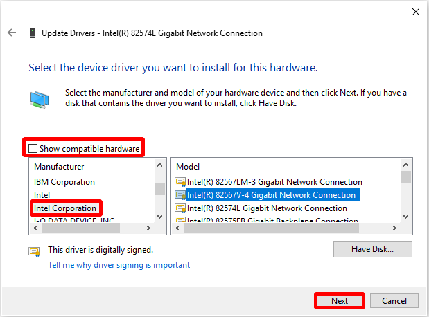 choose a different network adapter driver and click next