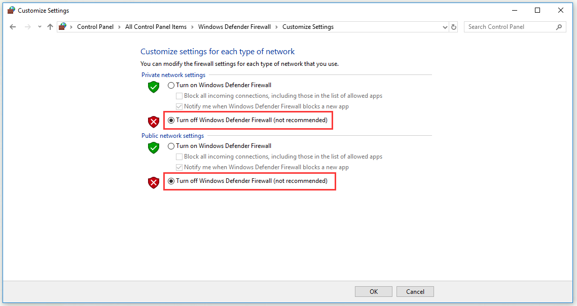 turn off Windows Defender Firewall 