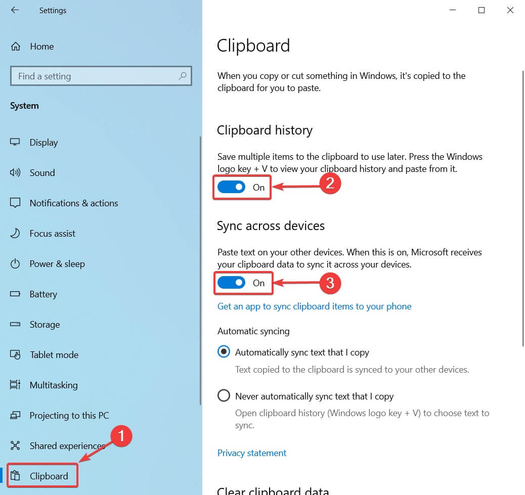enable the Clipboard history and Sync across devices features