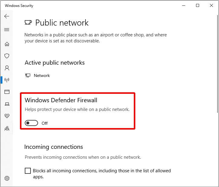 turn off Windows Defender Firewall