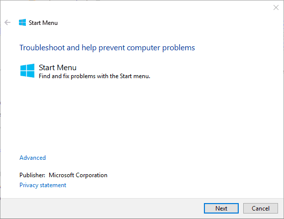 the Start Menu Troubleshoot