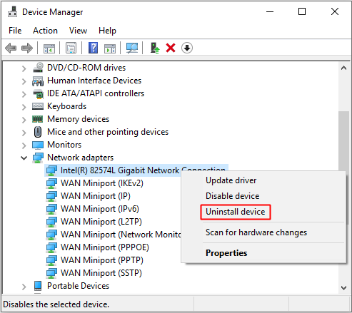 uninstall the network adapter