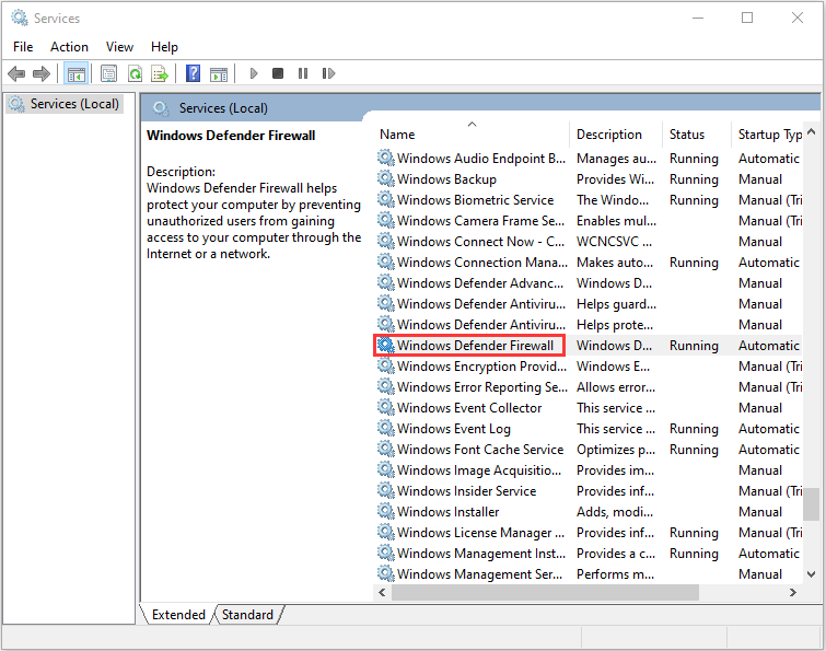 check the Status and Startup Type of Windows Defender Firewall