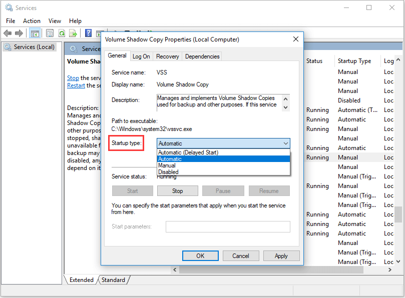 set the startup type to automatic