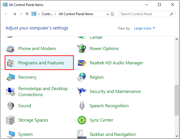 click the Programs and Features option